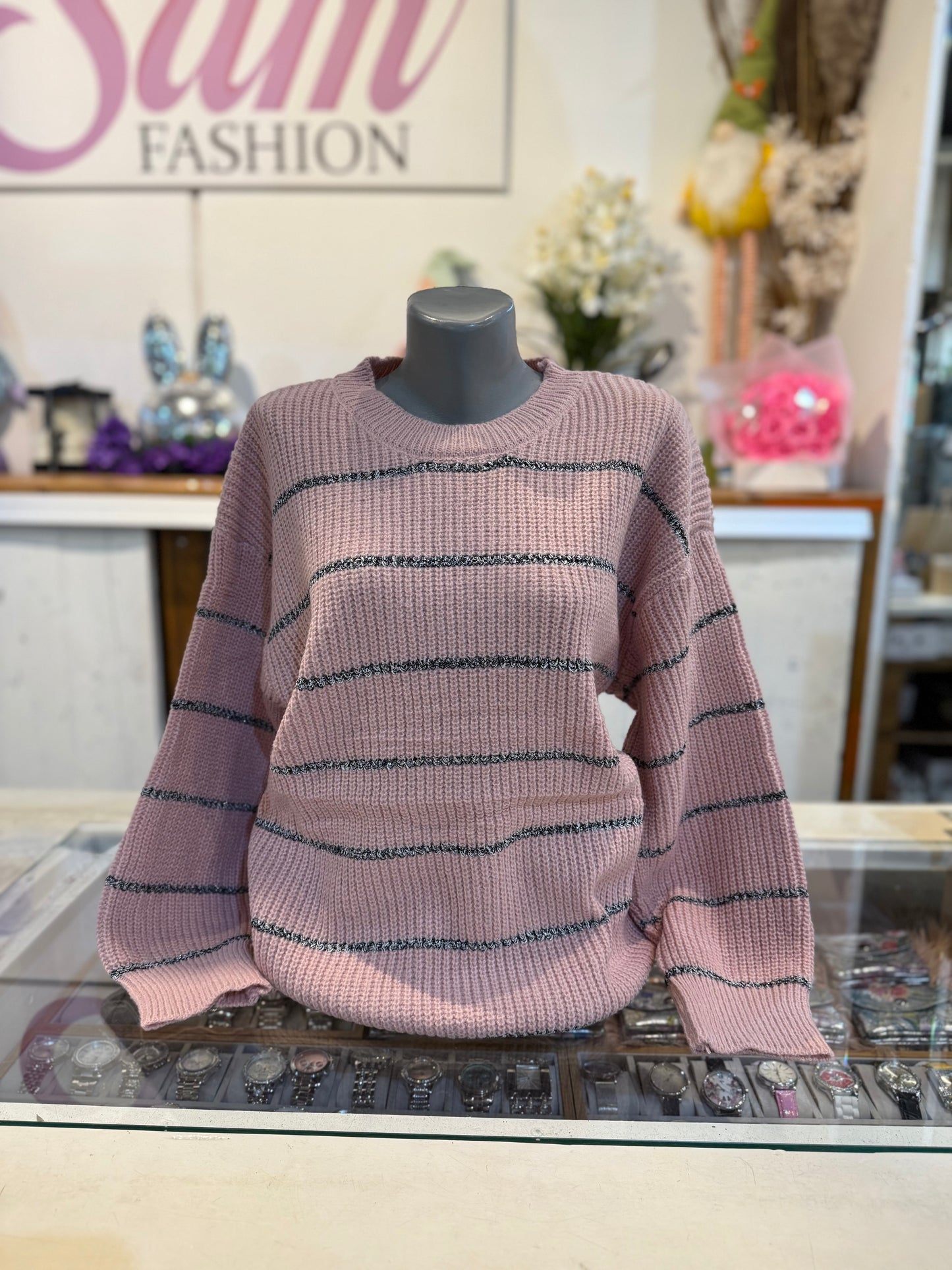 Trui roze - zilveren streep