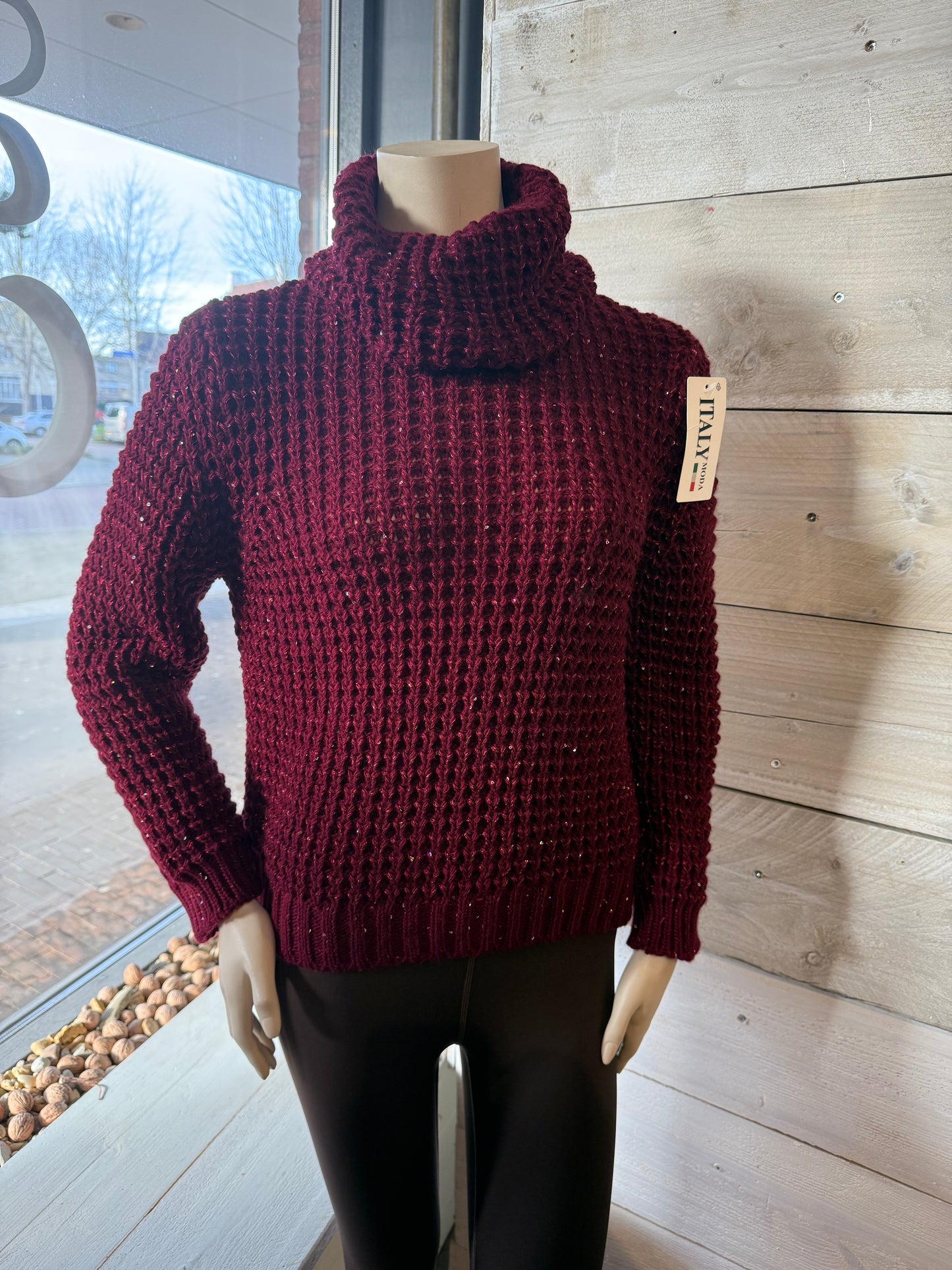 Gebreide glittertrui (bordeaux) 0023