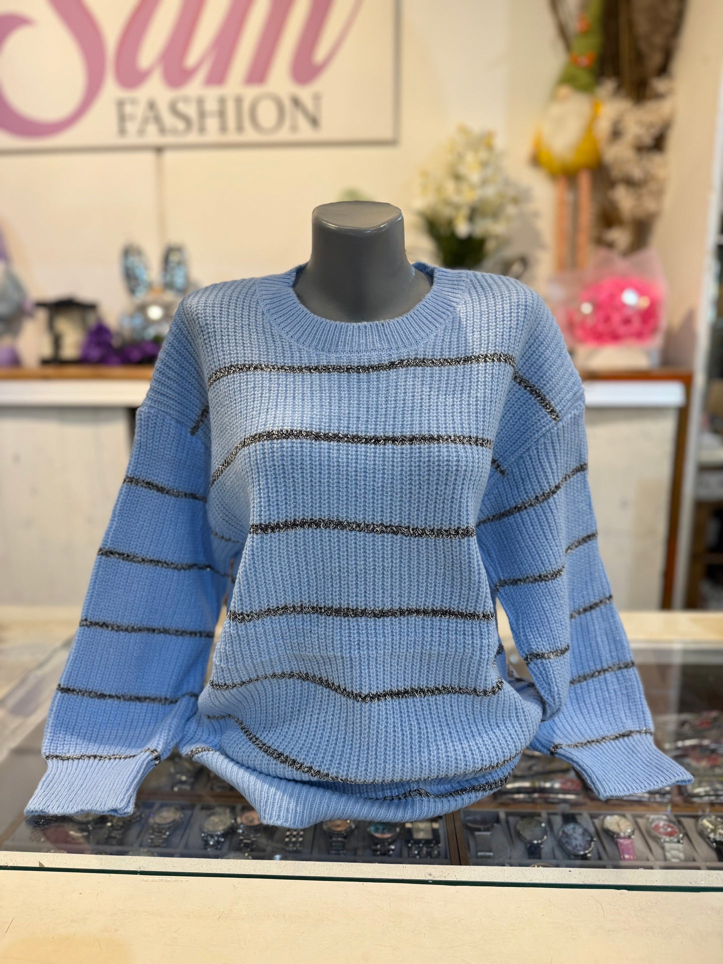 Trui blauw - zilveren streep