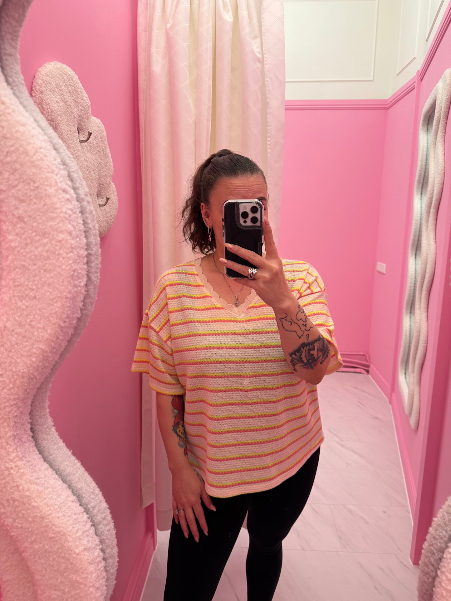 T-SHIRT GESTREEPT (GEEL/ROZE)