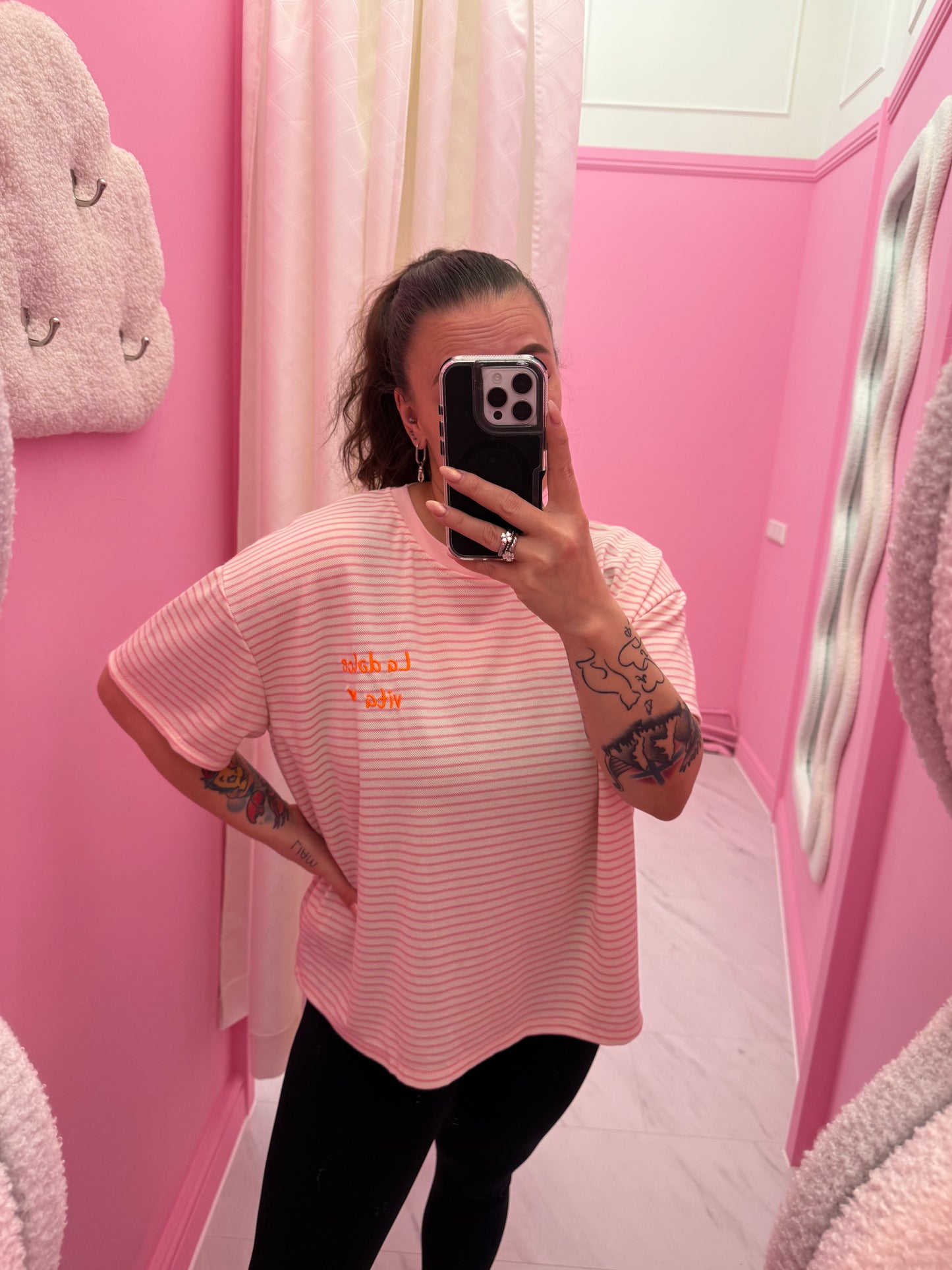 T-SHIRT GESTREEPT LA DOLCE VITA (ROZE)