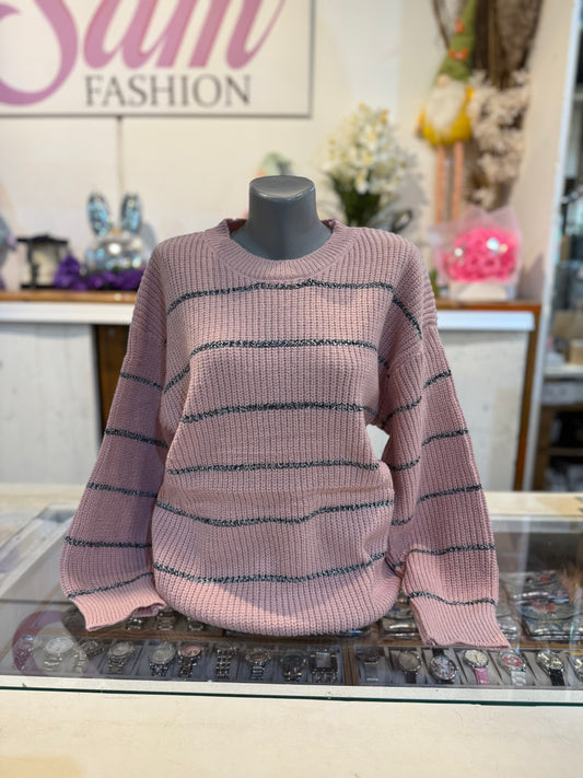 Trui roze - zilveren streep