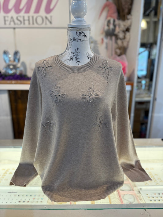 Trui met bloemetjes (taupe) 0242