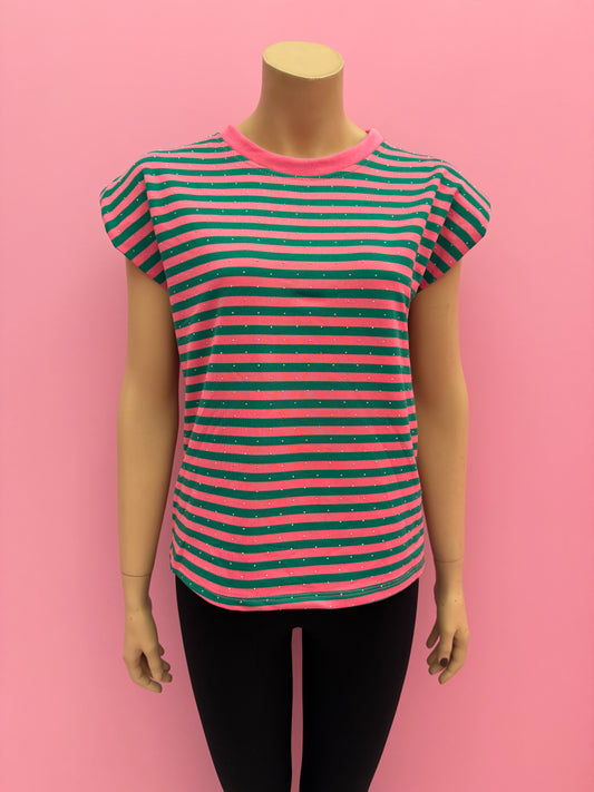 T-SHIRT STREEP BLINGBLING (ROZE/GROEN)