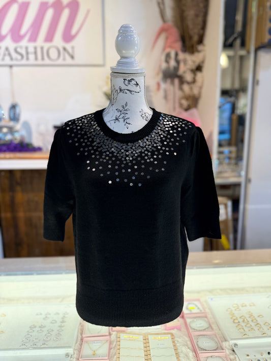 T-SHIRT MET GLITTER BLOEMETJES (ZWART) 0222