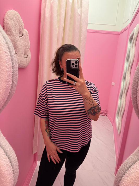 T-SHIRT GESTREEPT (BLAUW/ROZE)