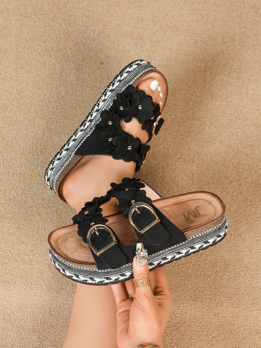 SLIPPERS BLOEMEN (ZWART)